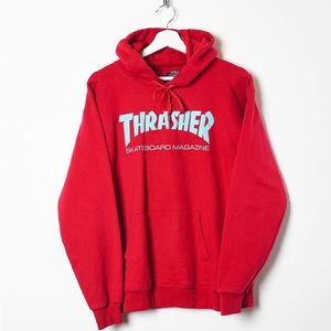 Red Thrasher Hoodie with Blue Lettering